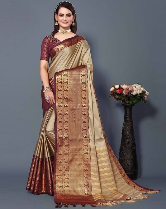 Fiza Beige Cotton Silk Saree