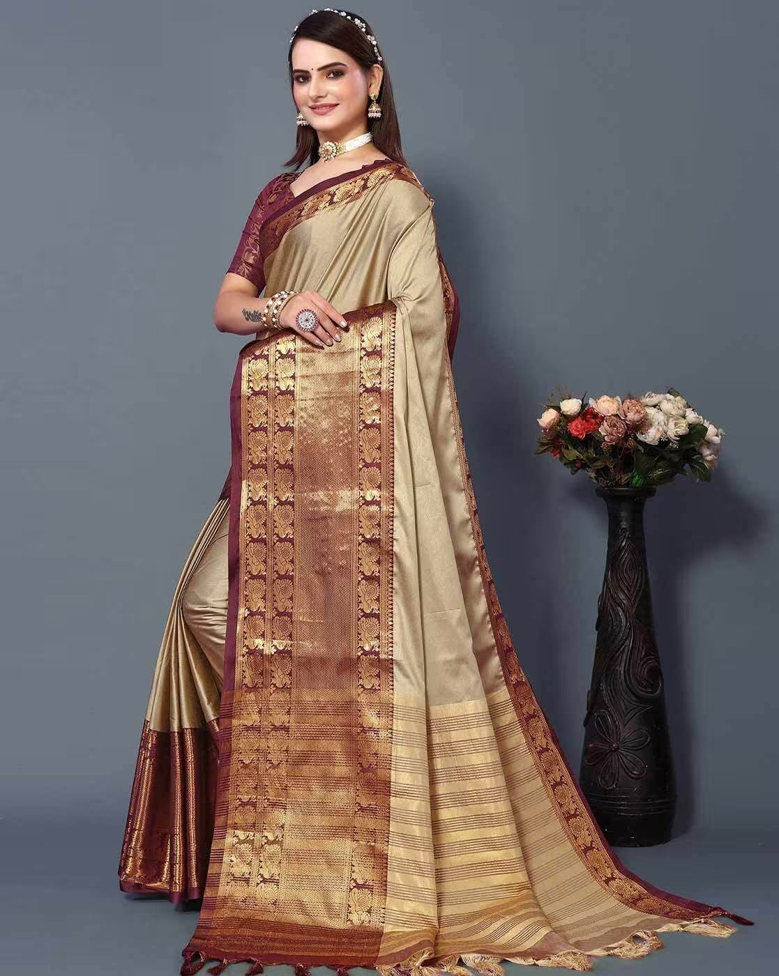 Fiza Beige Cotton Silk Saree