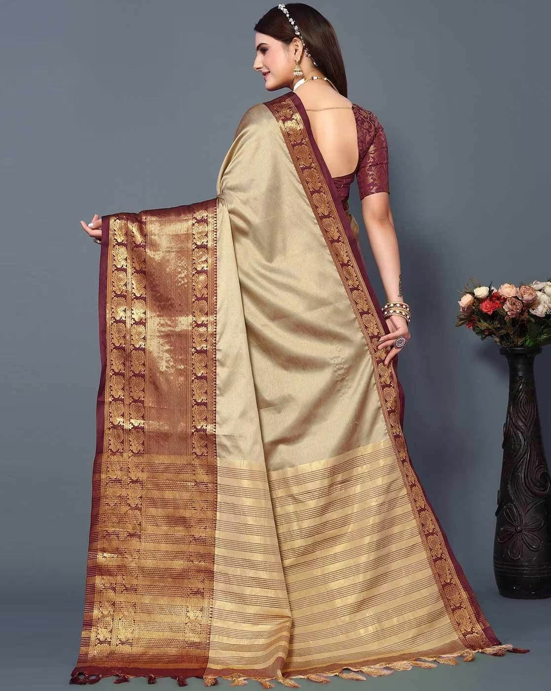 Fiza Beige Cotton Silk Saree