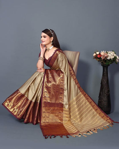 Fiza Beige Cotton Silk Saree