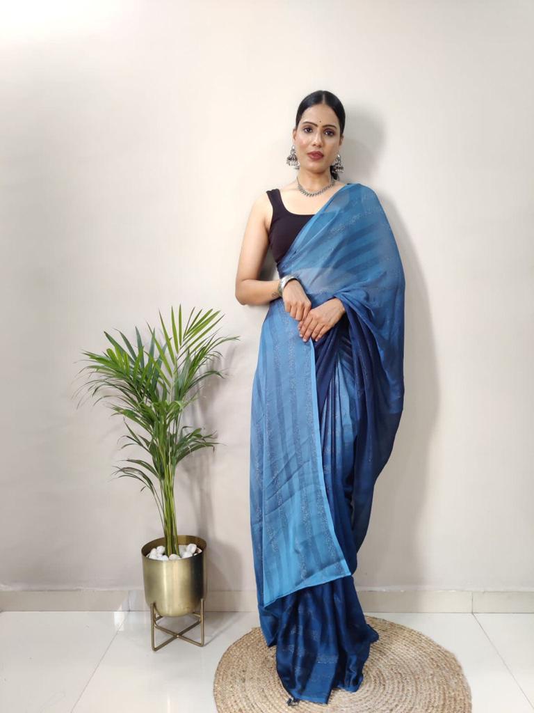 1 MIN Ready To Wear Blue Shade Saree- Blue Berry