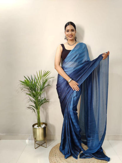 1 MIN Ready To Wear Blue Shade Saree- Blue Berry