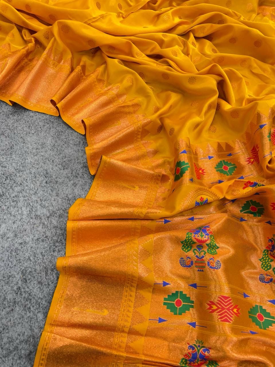 Aaru Yellow Banarasi Satin Silk Saree