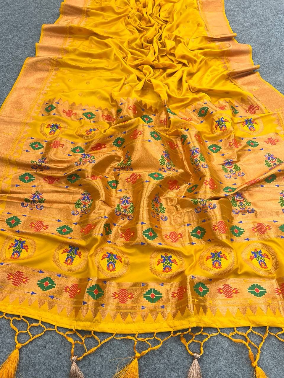 Aaru Yellow Banarasi Satin Silk Saree