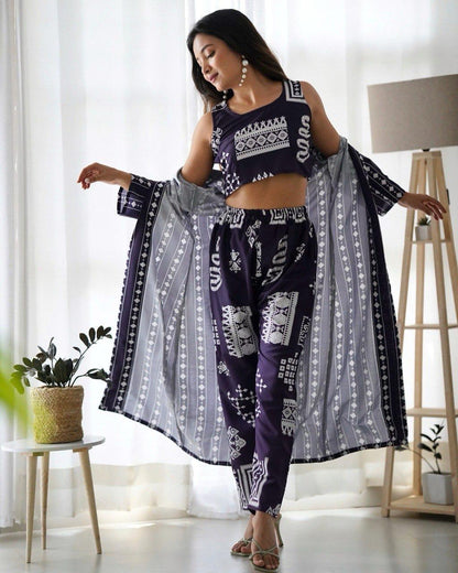 Parul Plum Purple Satin Digital Printed Co-Ord Set