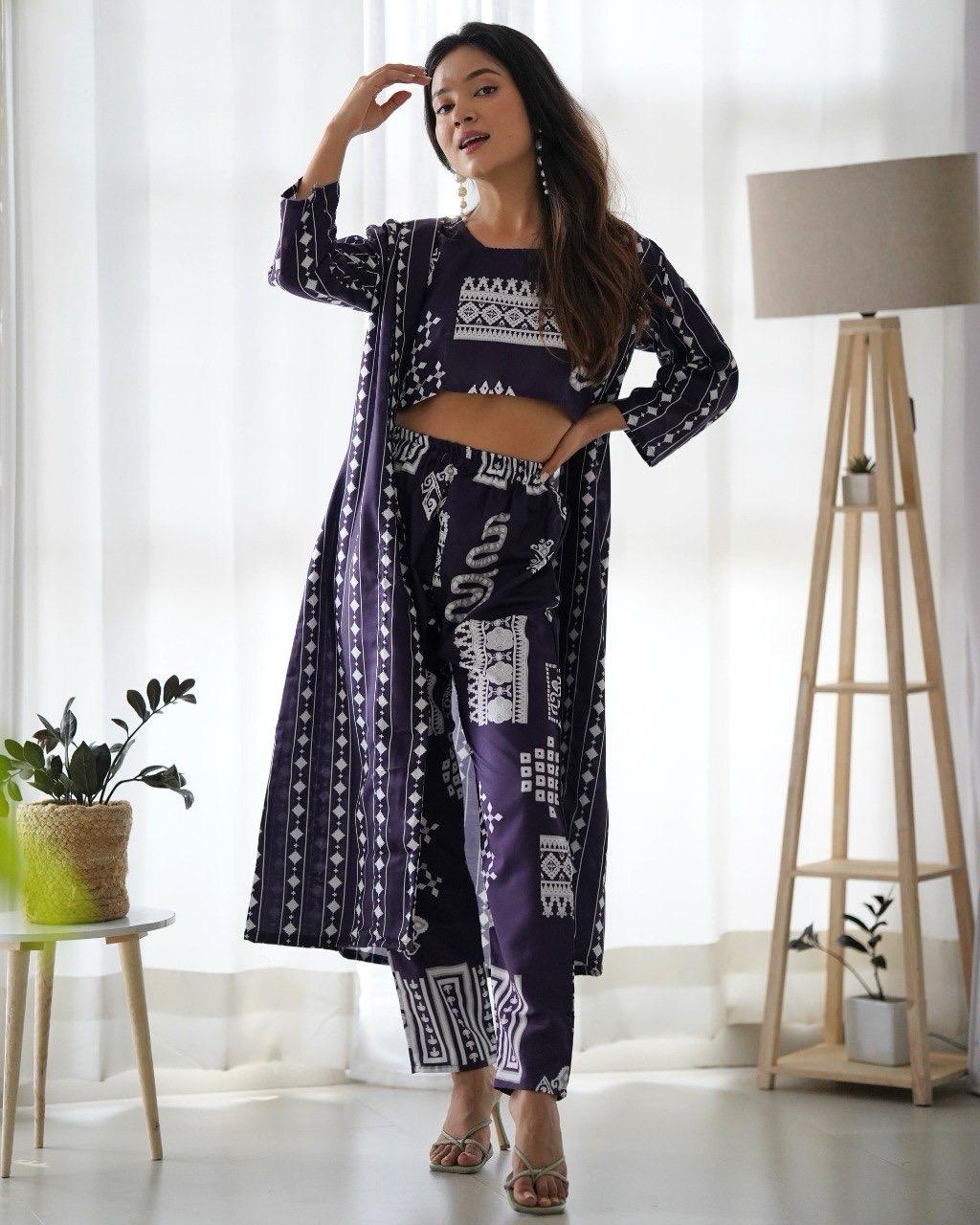 Parul Plum Purple Satin Digital Printed Co-Ord Set