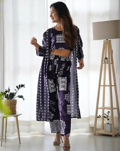 Parul Plum Purple Satin Digital Printed Co-Ord Set