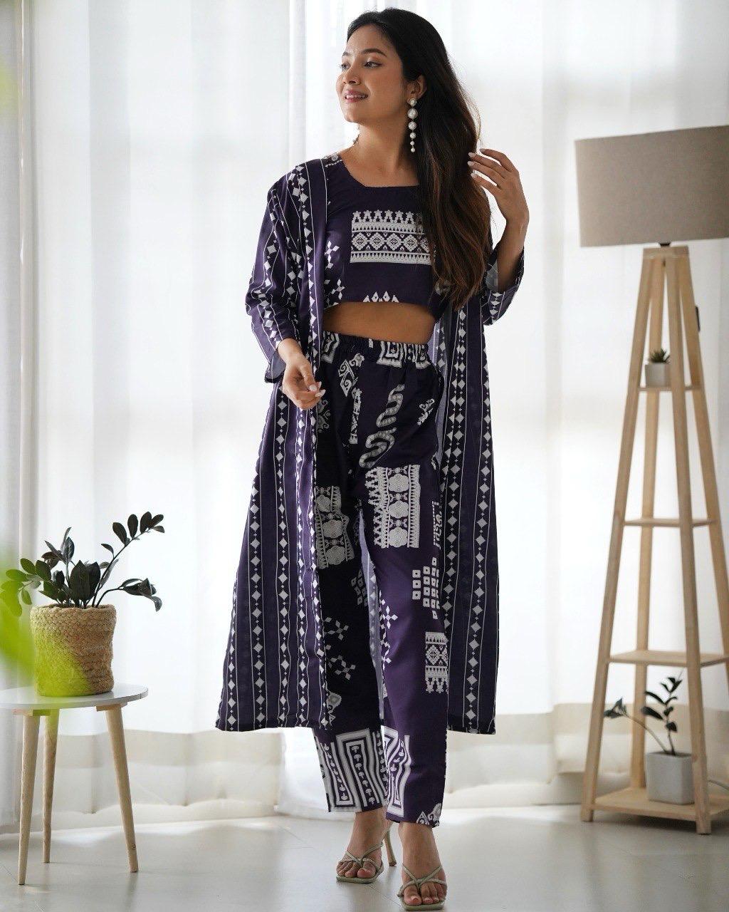 Parul Plum Purple Satin Digital Printed Co-Ord Set