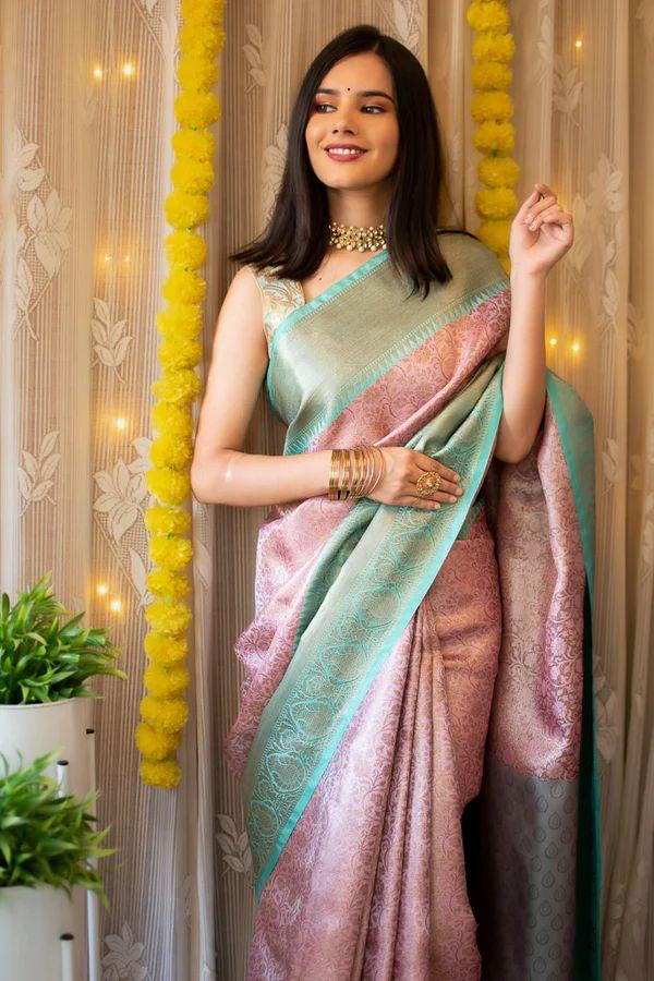 Pink Pari Banarasi Silk Saree WIth Fabulouse Blouse Piece