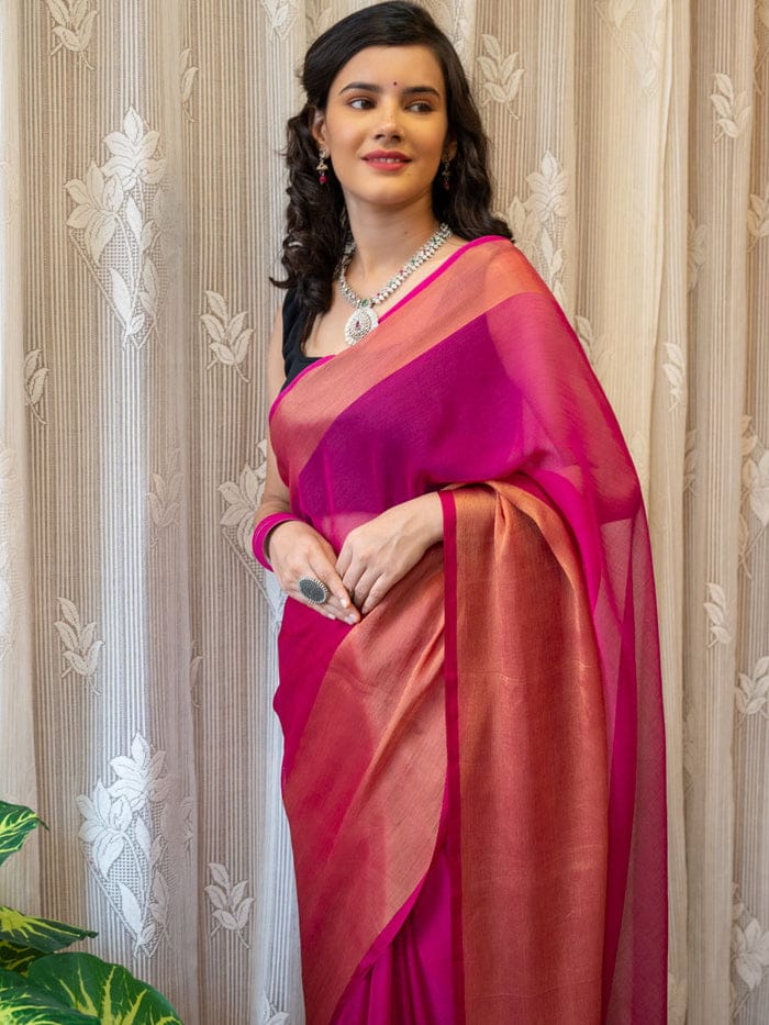 1 MIN Ready To Wear Pink Chiffon with Premium Zari Patta Saree