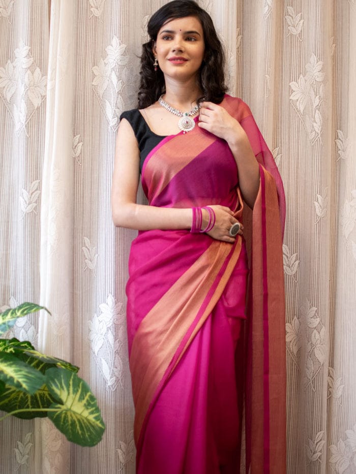 1 MIN Ready To Wear Pink Chiffon with Premium Zari Patta Saree