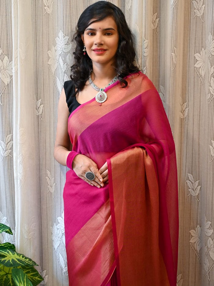 1 MIN Ready To Wear Pink Chiffon with Premium Zari Patta Saree