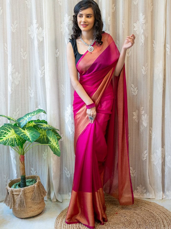 1 MIN Ready To Wear Pink Chiffon with Premium Zari Patta Saree