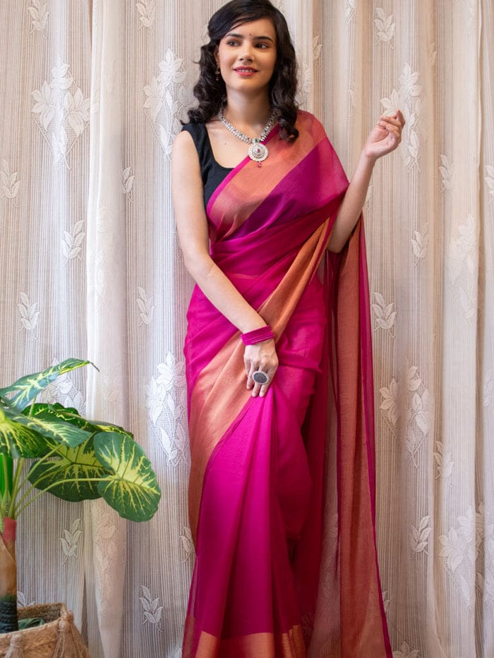 1 MIN Ready To Wear Pink Chiffon with Premium Zari Patta Saree