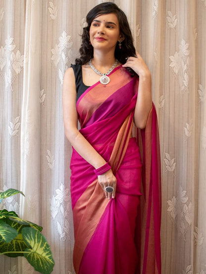 1 MIN Ready To Wear Pink Chiffon with Premium Zari Patta Saree