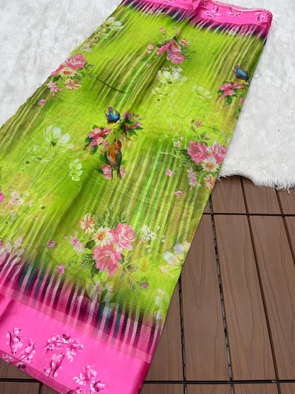 Pari Parrot-Pink  Linen Digital Printed Saree