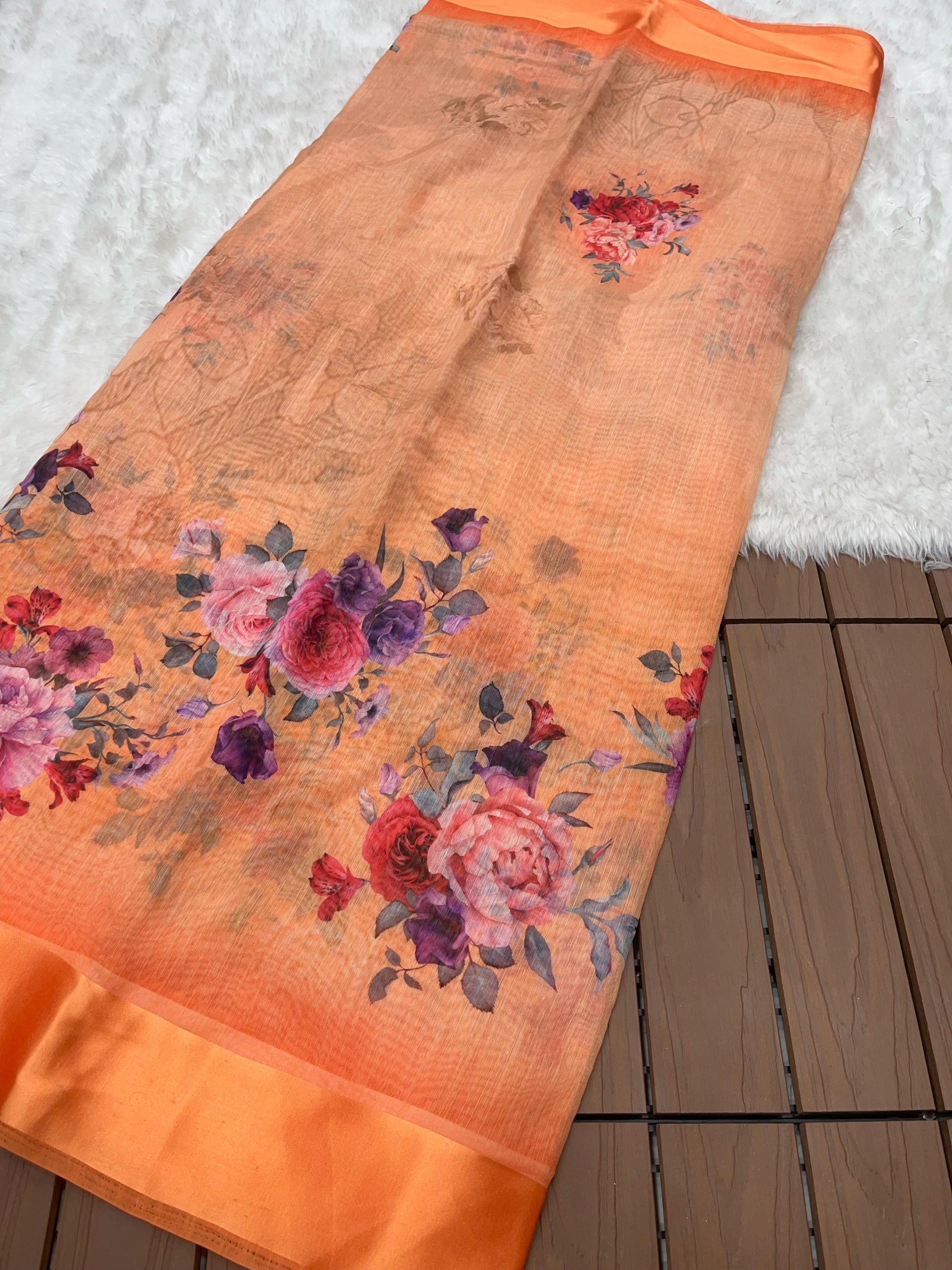 Dhara Peach Linen Digital Printed Saree