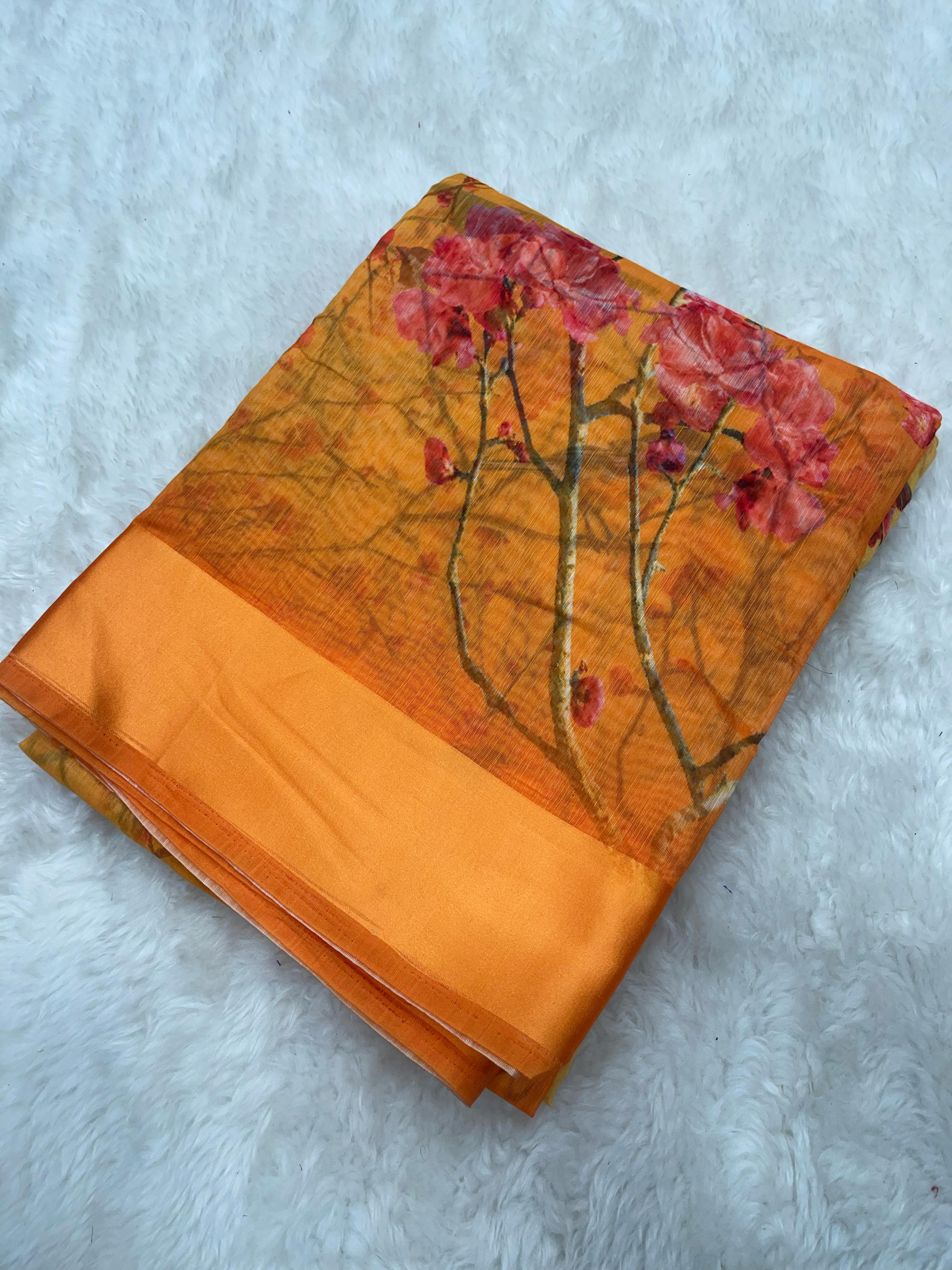 Aesha Orange Linen Digital Printed Saree