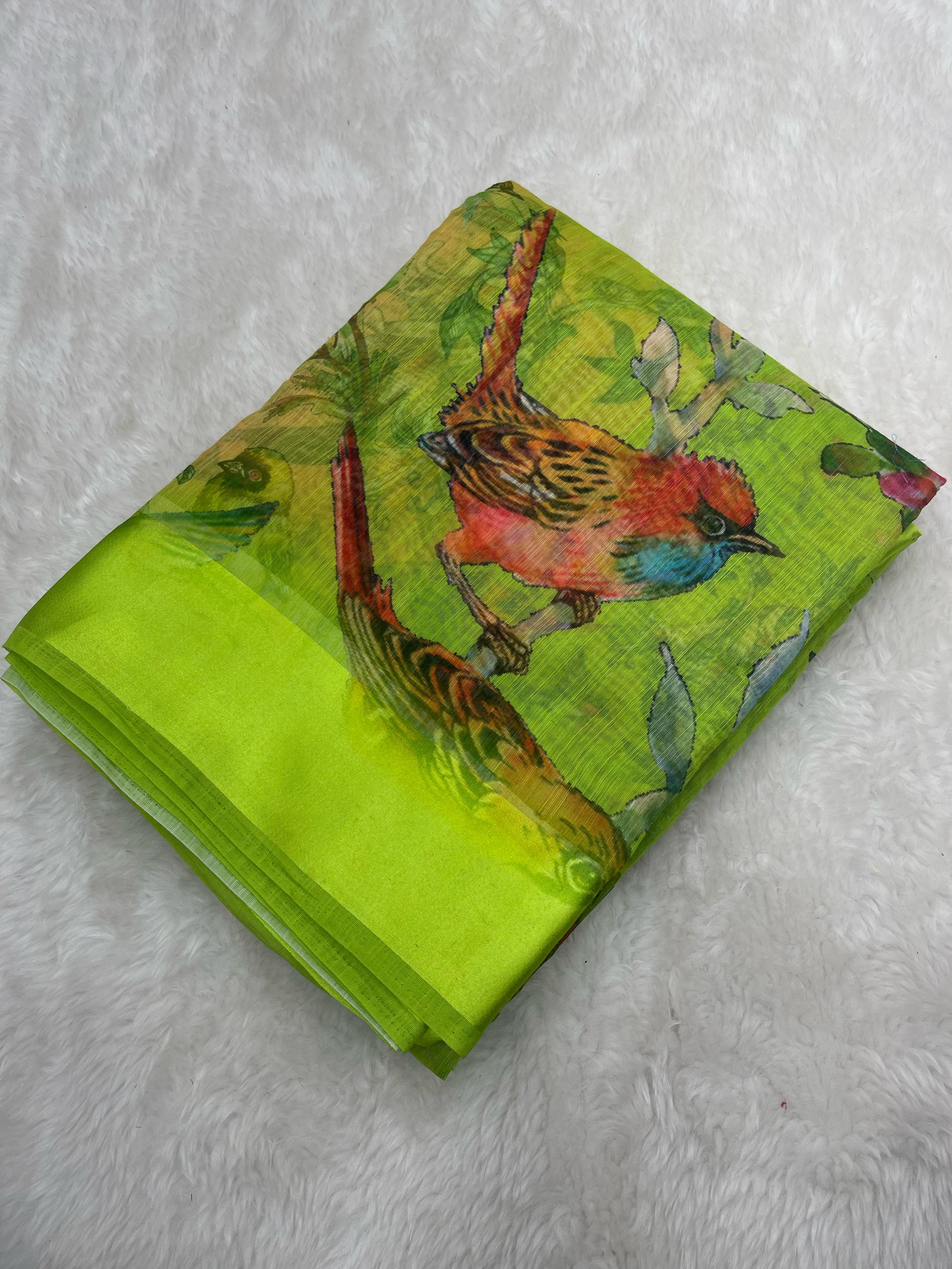 Mira Parrot Linen Digital Printed Saree