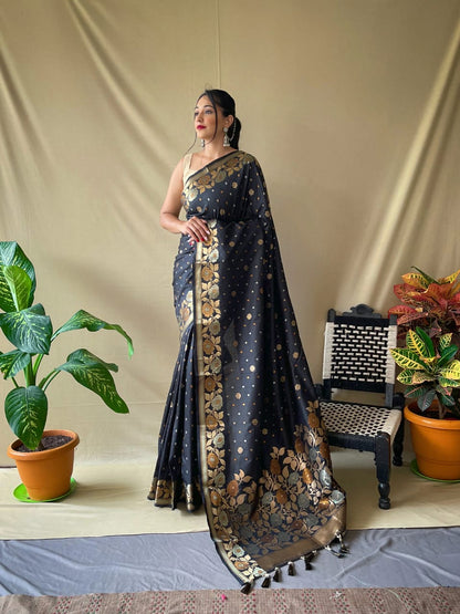 Aarti Black Soft Banarasi Silk Saree With Imaginative Blouse Piece