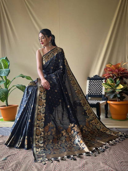 Aarti Black Soft Banarasi Silk Saree With Imaginative Blouse Piece