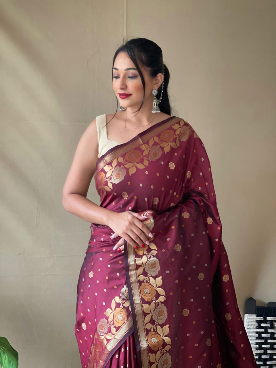 Aarti Maroon Banarasi Saree