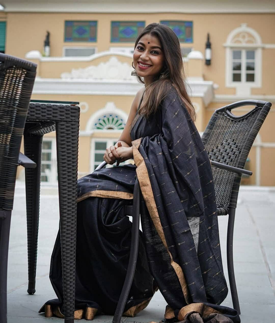 Elite Black Needle Design Soft Linen Slub Saree With Optimal Blouse