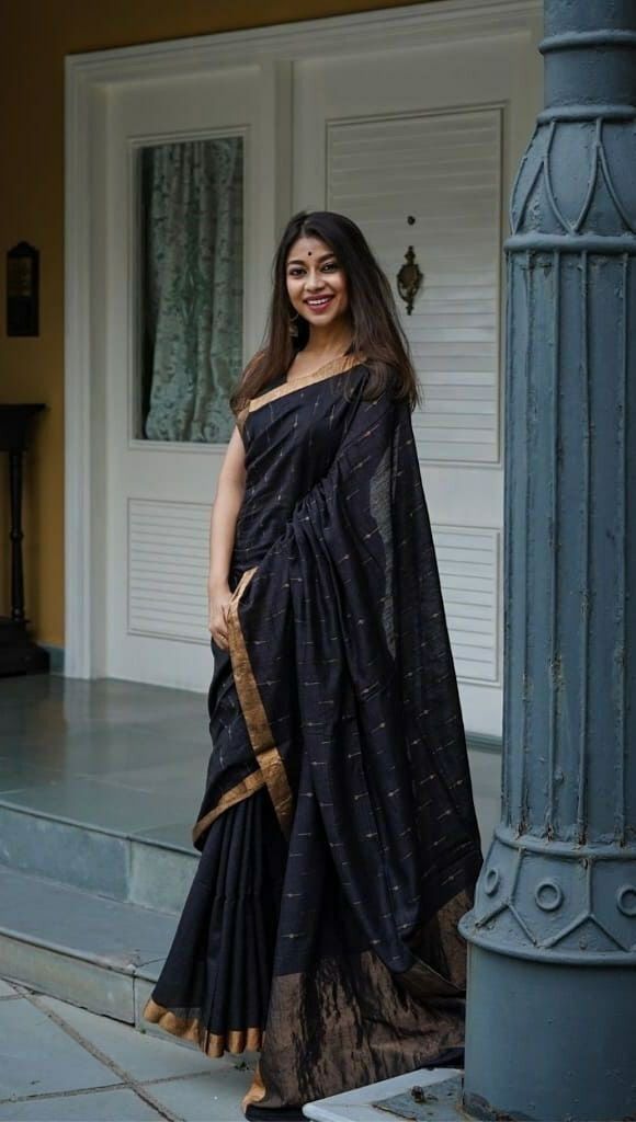 Elite Black Needle Design Soft Linen Slub Saree With Optimal Blouse