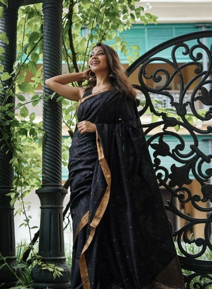 Elite Black Needle Design Soft Linen Slub Saree With Optimal Blouse