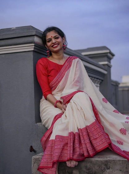 Elite Monument Whitered Border Soft Linen Slub Saree With Optimal Blouse