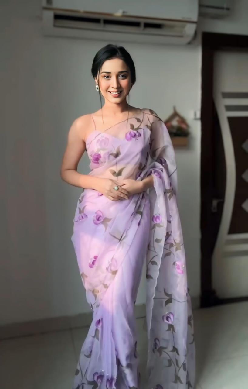 Evelyn PurpleLotus 1-Minute Ready To Wear Premium Organza Silk Print Saree