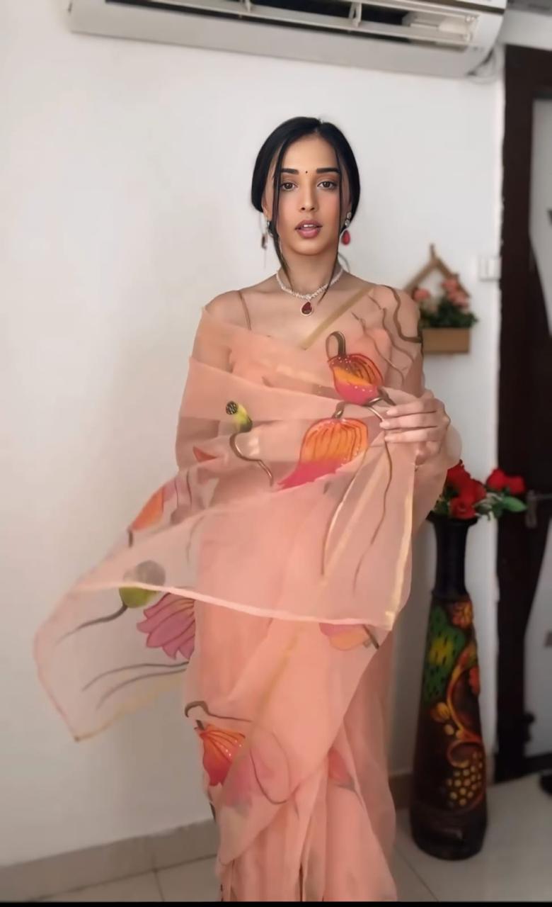 Evelyn PeachLotus 1-Minute Ready To Wear Premium Organza Silk Print Saree