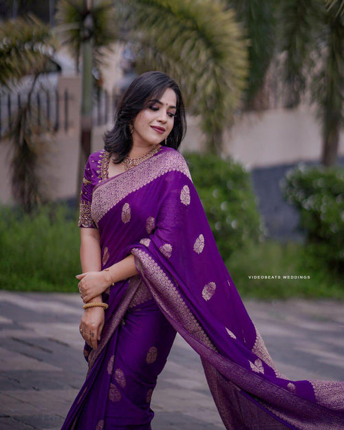 Purple Kanjivaram Silk Saree with Gold Zari Buttas