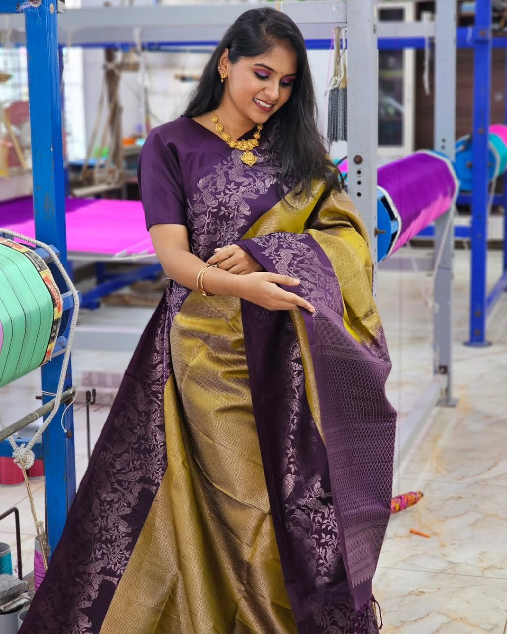 Olive &amp; Plum Handloom Kanjivaram Silk Saree with Floral Motifs