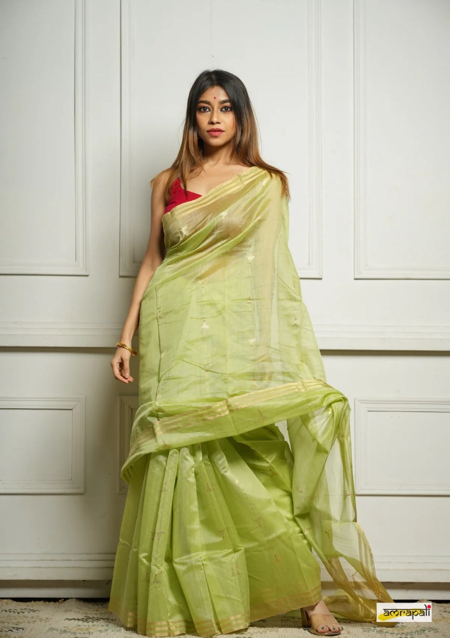 Green Handwoven Cotton Silk Saree with Zari Border