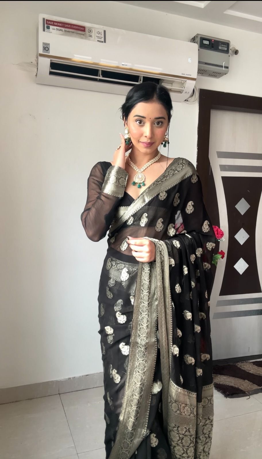 Black Sheer Organza Saree with Silver Zari Paisley Weave