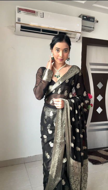 Black Sheer Organza Saree with Silver Zari Paisley Weave