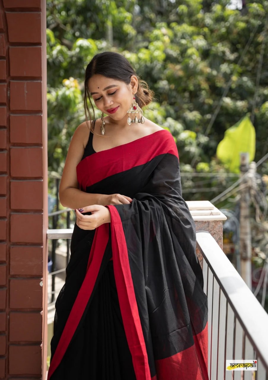Charulata Black &amp; Red Cotton Border Saree