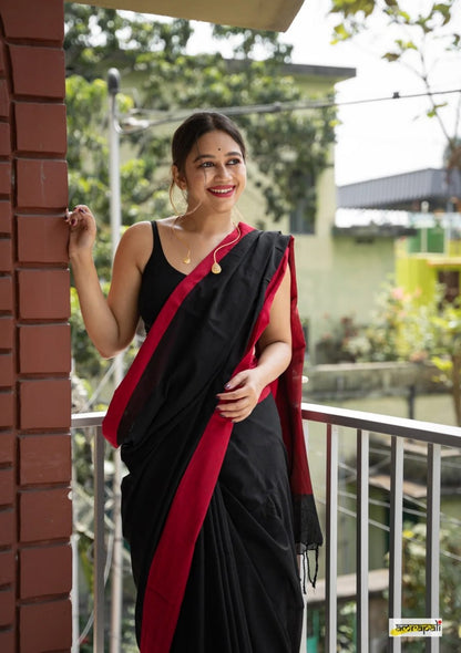 Charulata Black &amp; Red Cotton Border Saree