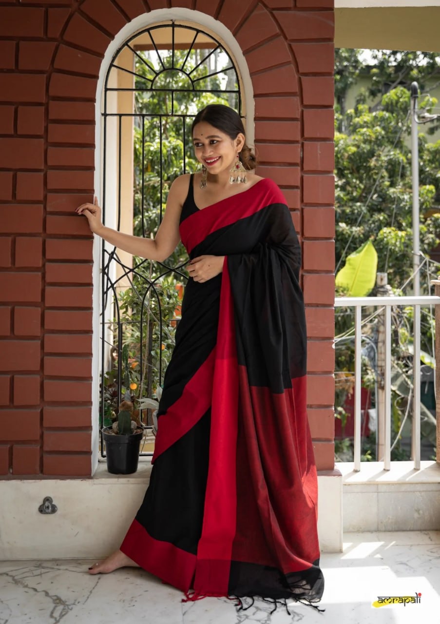 Charulata Black &amp; Red Cotton Border Saree
