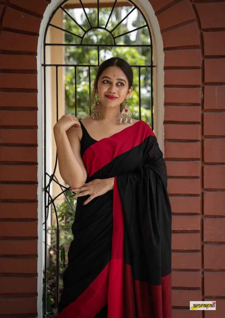 Charulata Black &amp; Red Cotton Border Saree