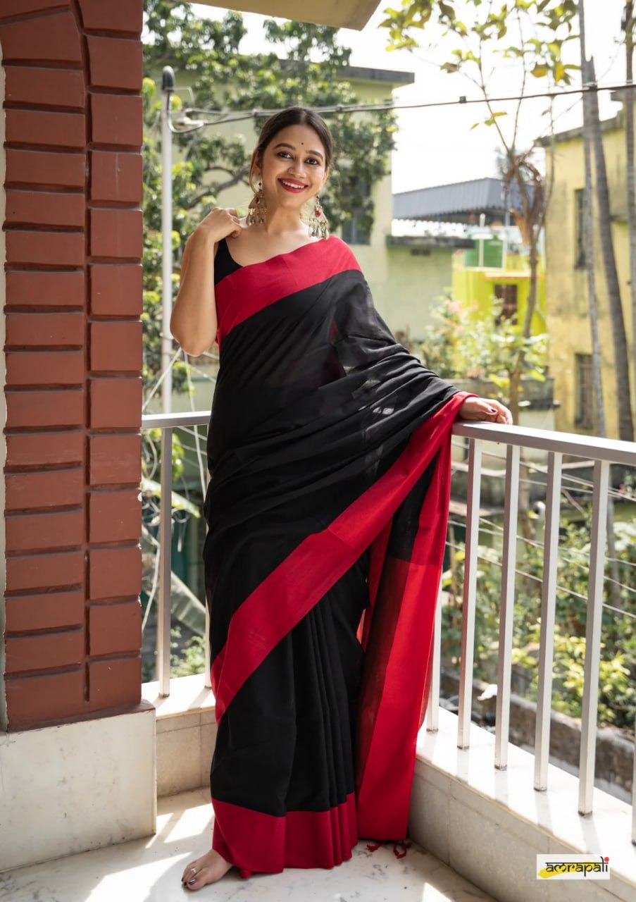 Charulata Black &amp; Red Cotton Border Saree
