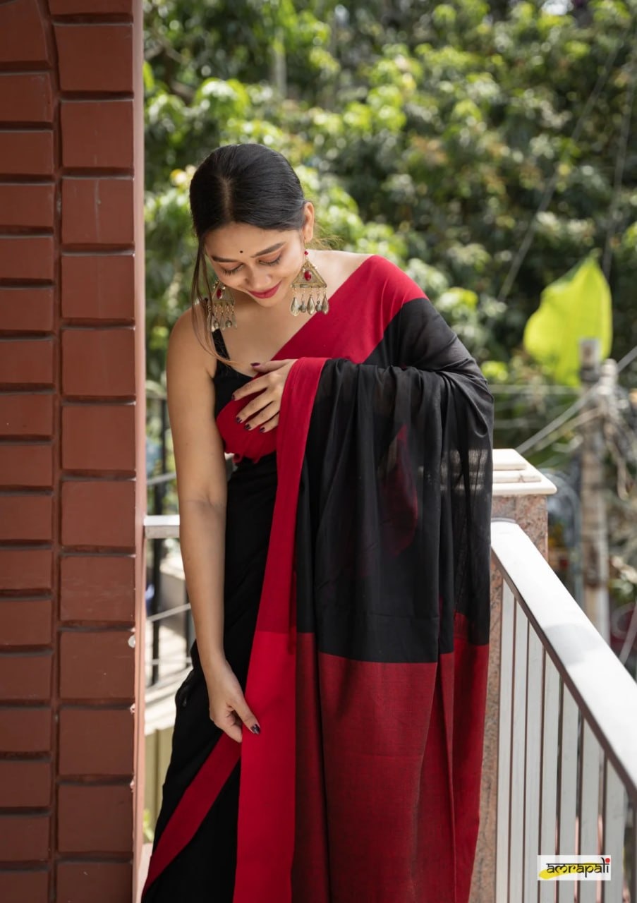 Charulata Black &amp; Red Cotton Border Saree