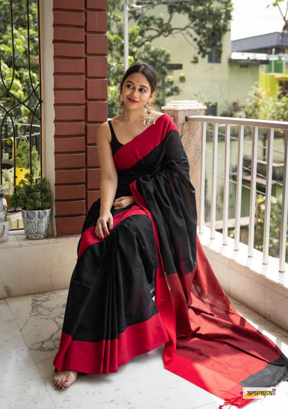 Charulata Black &amp; Red Cotton Border Saree
