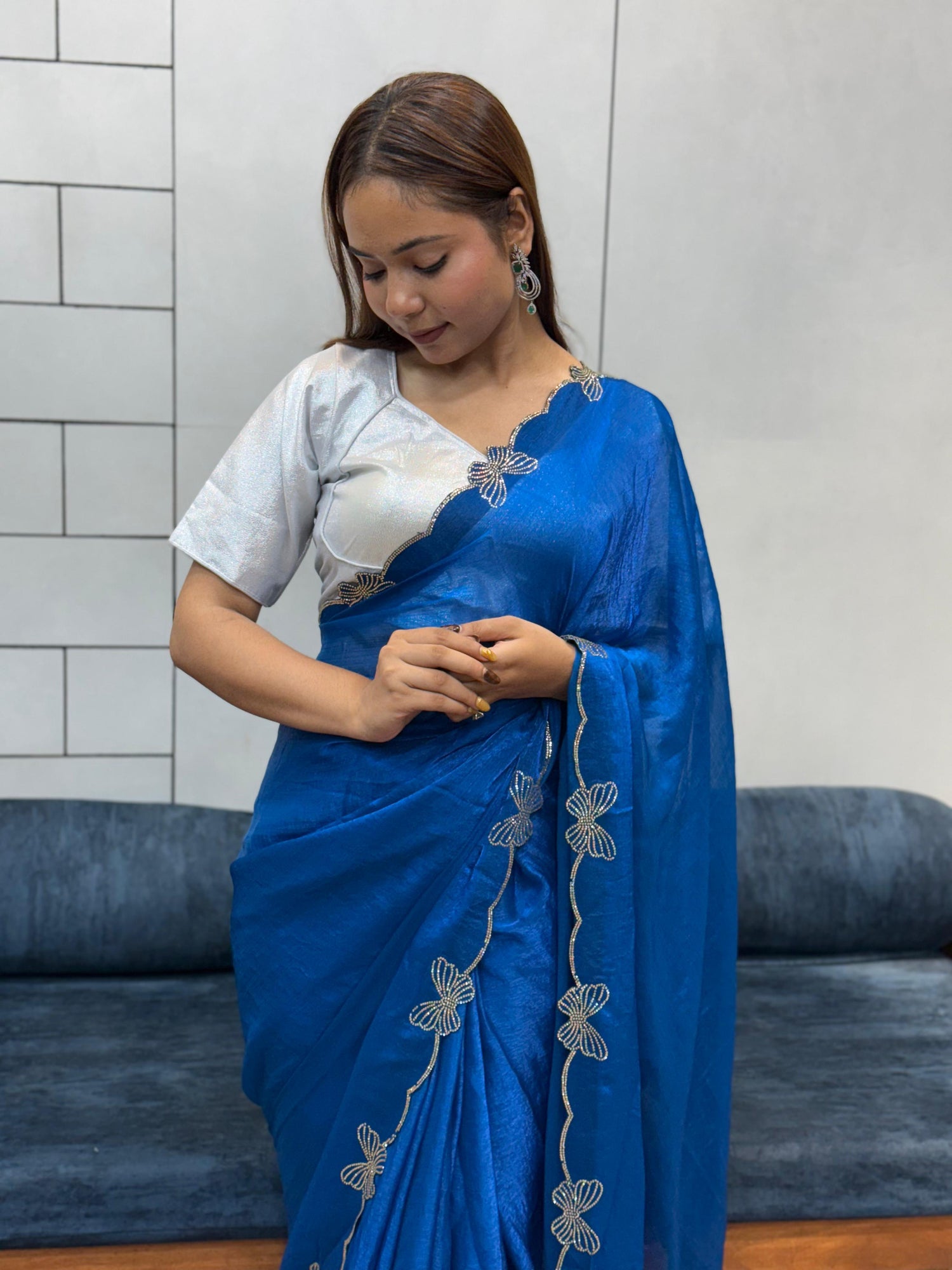 Aarvi Blue Floral Embroidered Saree