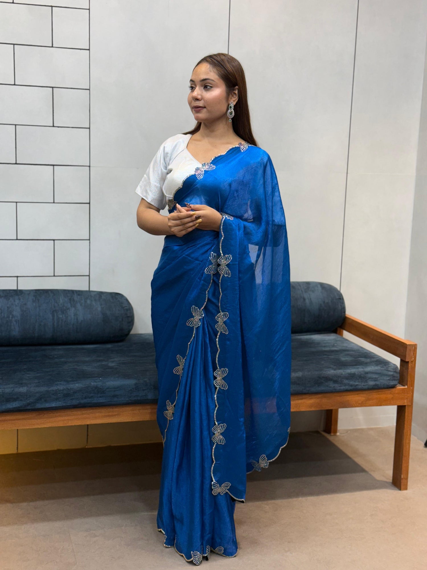 Aarvi Blue Floral Embroidered Saree