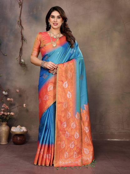 Sharvika Sky Blue &amp; Orange Banarasi Leaf Woven Silk Saree