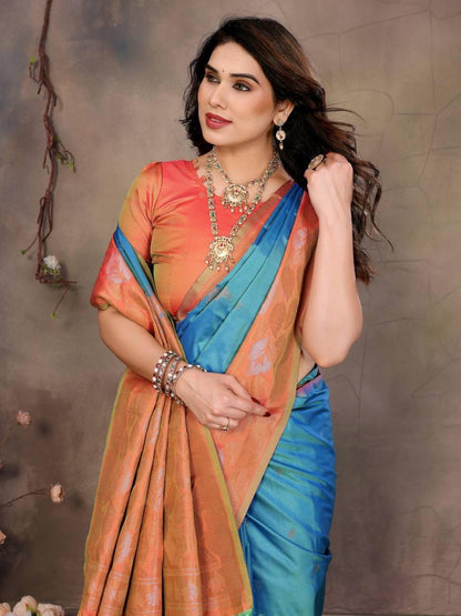 Sharvika Sky Blue &amp; Orange Banarasi Leaf Woven Silk Saree