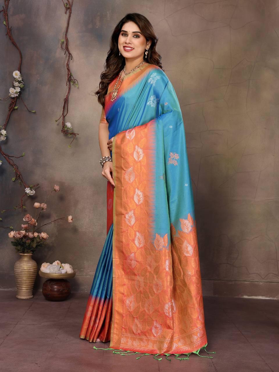 Sharvika Sky Blue &amp; Orange Banarasi Leaf Woven Silk Saree