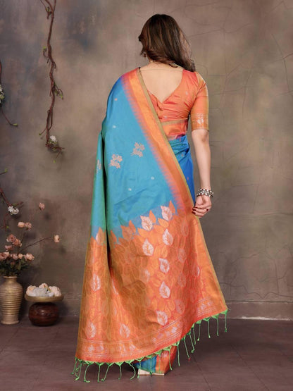 Sharvika Sky Blue &amp; Orange Banarasi Leaf Woven Silk Saree